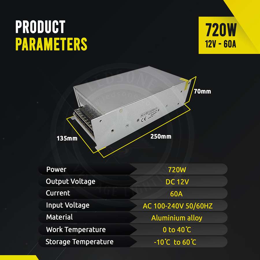 LEDSone 12V 60A 720W Waterproof Regulated Switching Power Supply Transformer