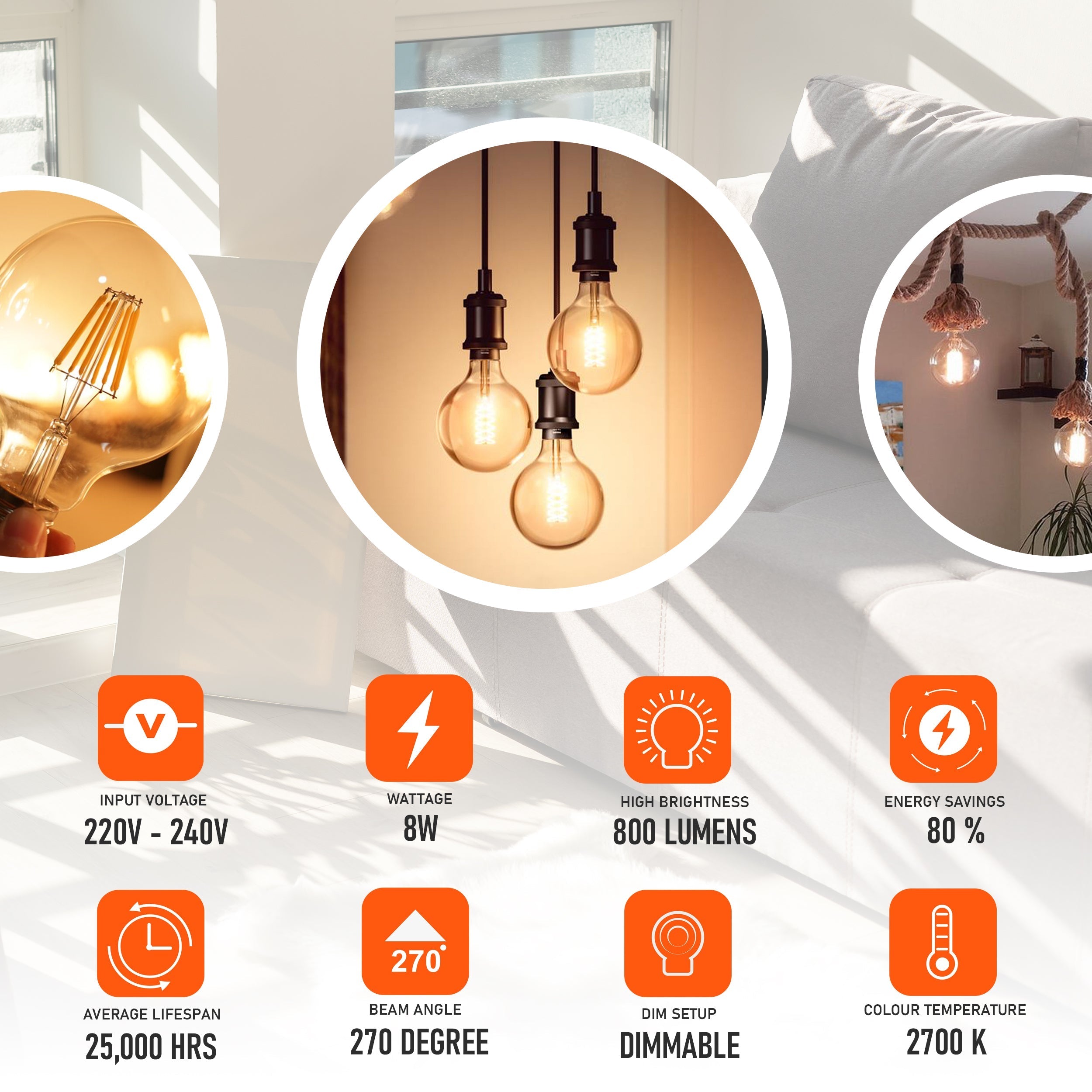 3-Pack G125 E27 8W Dimmable Vintage LED Amber Globe Bulb