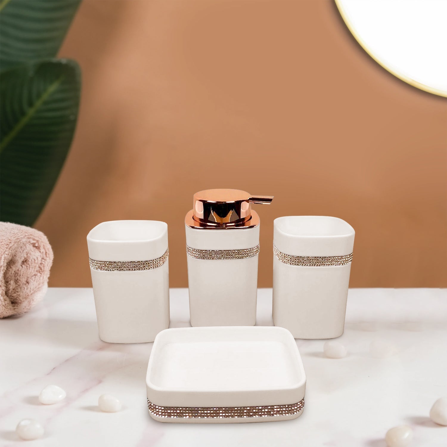 4-Piece Modern Polypropylene Bathroom Accessory Set: Lotion, Tumbler, Toothbrush Holder, Soap Dish