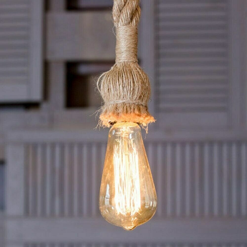 Vintage Hemp Rope Adjustable E27 Ceiling Pendant Light Fixture Rustic Style