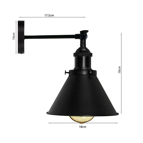 Industrial Black Cone Wall Lamp E27 Holder Adjustable Swing Arm Design