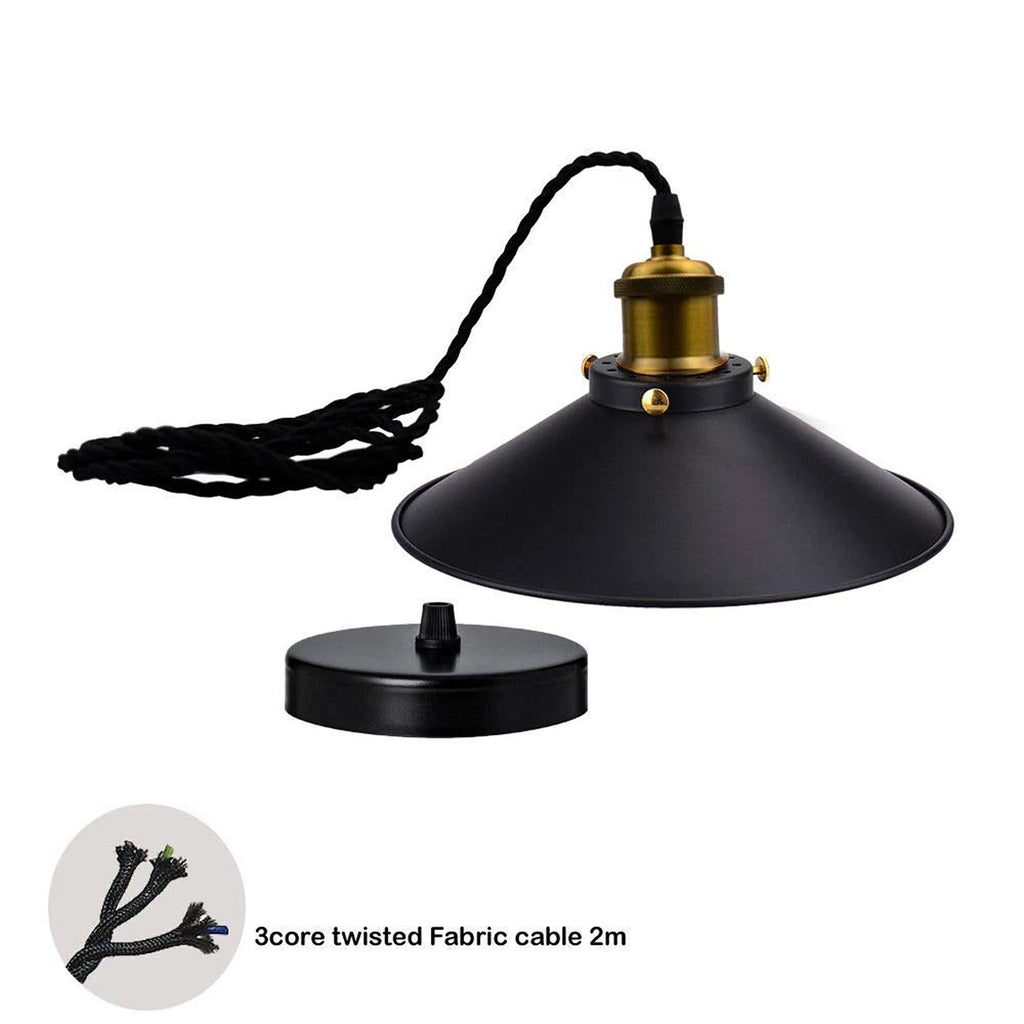 Vintage Industrial E27 Metal Cone Pendant Light with Twisted Cable