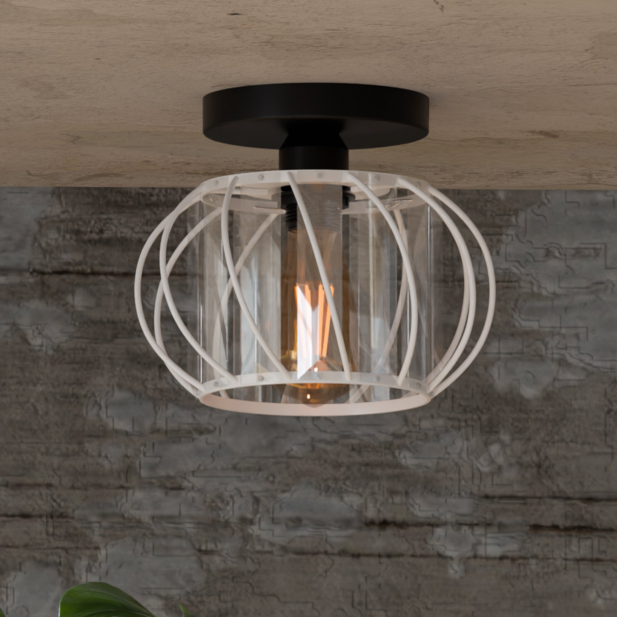 Modern Industrial Metal and Glass Crystal Flush Mount Ceiling Light Fixture