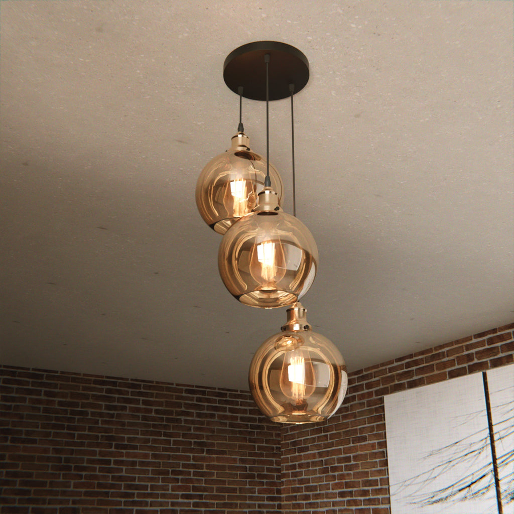 Industrial Style 3-Head Amber Glass Pendant Ceiling Light Fixture~6162