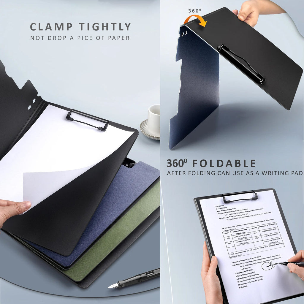 3-Pack Foldable A4 Clear Plastic Clipboard, Metal Clip Writing Pad