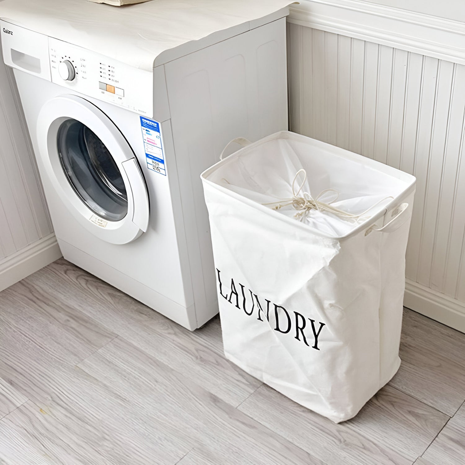 Freestanding Foldable Cotton Linen Laundry Hamper Bag with Drawstring Handles