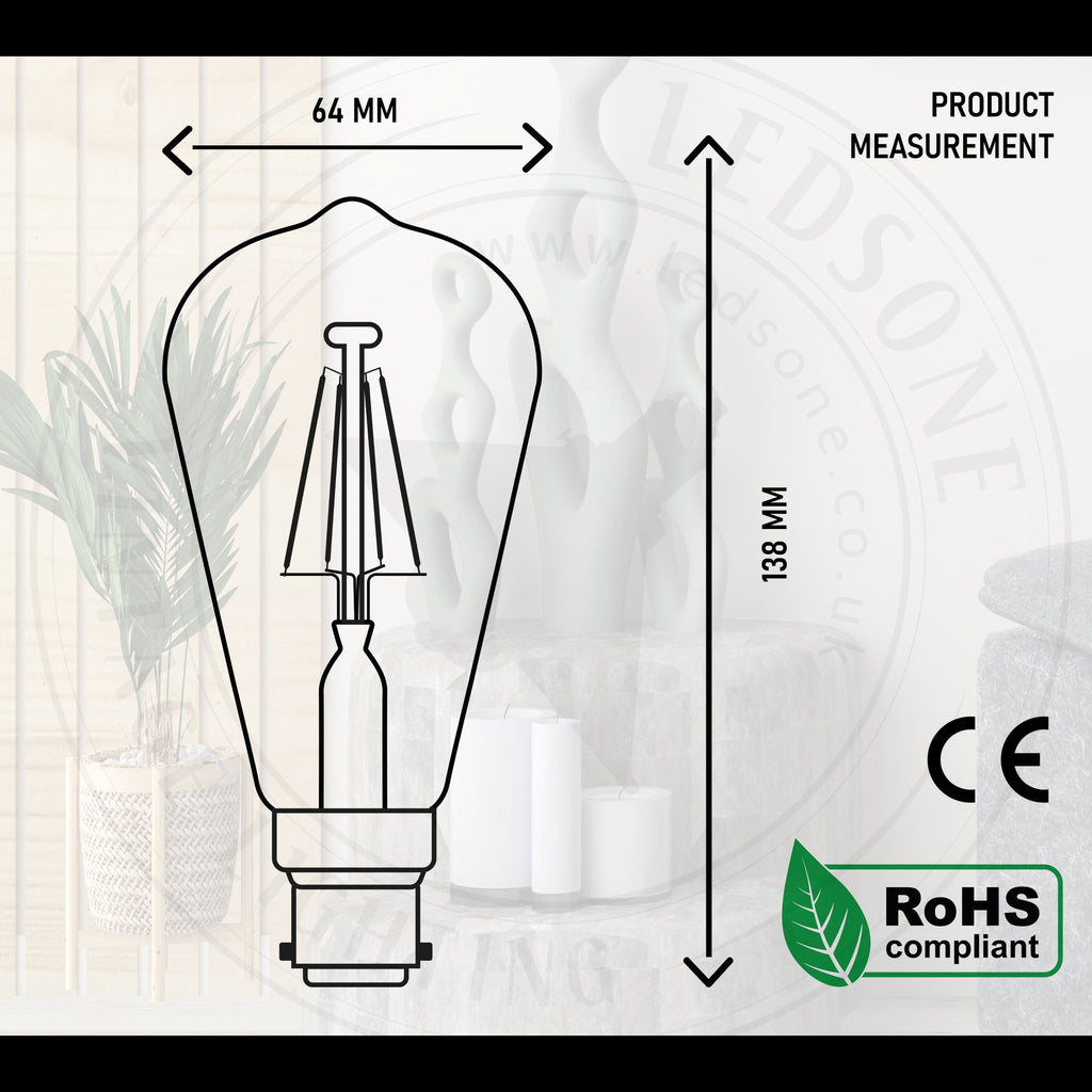 Dimmable ST64 B22 4W Edison Filament LED Light Bulbs Warm White Retro Style