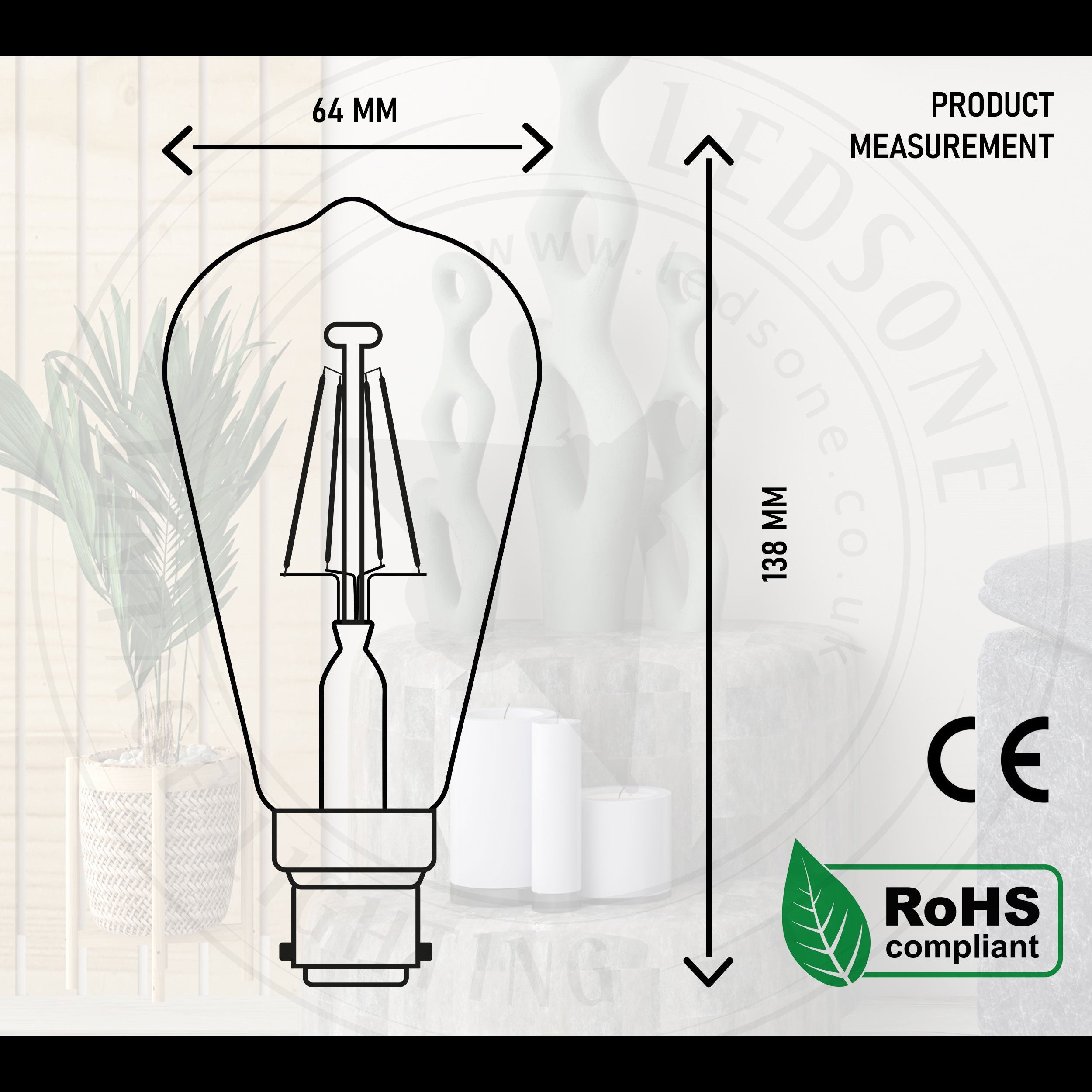 Dimmable ST64 B22 4W Edison Filament LED Light Bulbs Warm White Retro Style