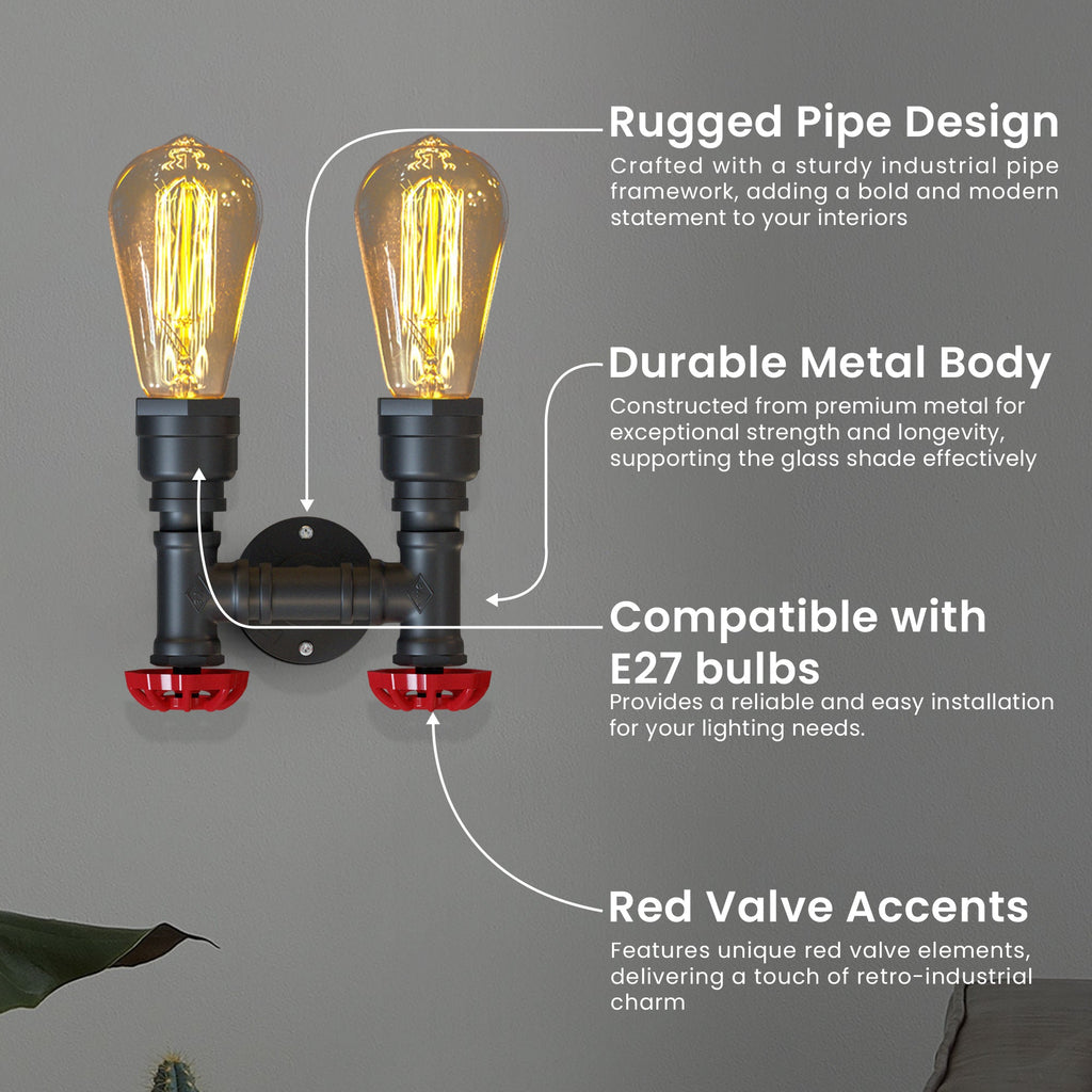 Rustic Industrial Steampunk Twin Metal Water Pipe Wall Light Sconce Fixture