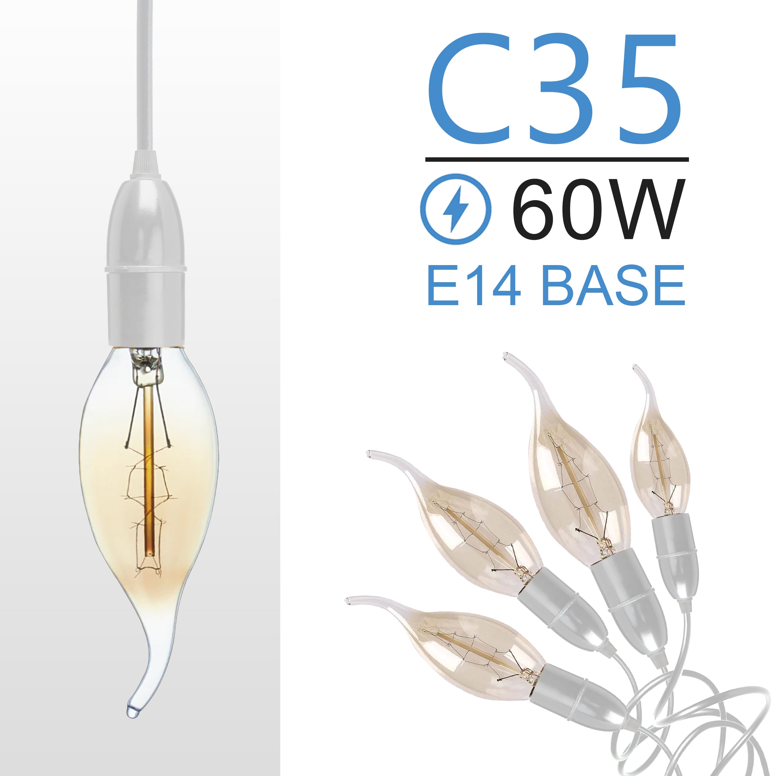Retro Edison C35 Candle Bulb: 60W E14 Dimmable Warm White Filament Lamp