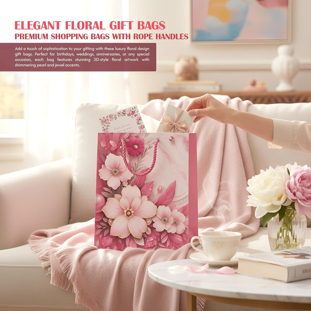 Premium Floral Gift Bags, 12-Pack Assorted Sizes, Matte Finish, Durable Handles