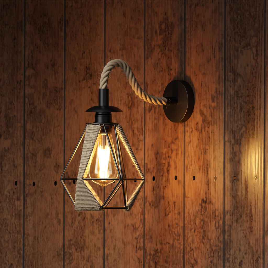 Retro Hemp Rope Wall Sconce | Rustic E27 Metal Shade ~6308