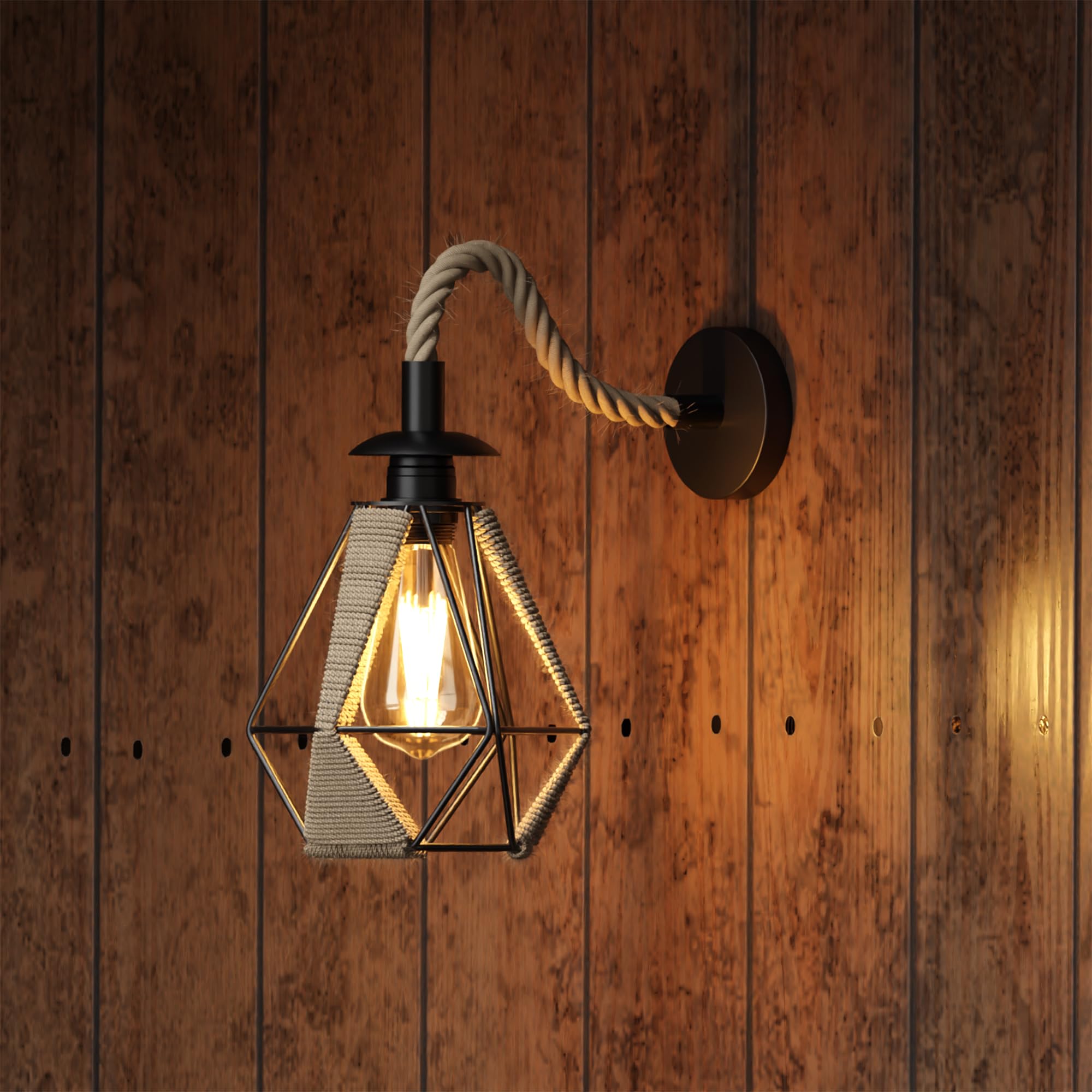 Retro Hemp Rope Wall Sconce | Rustic E27 Metal Shade ~6308
