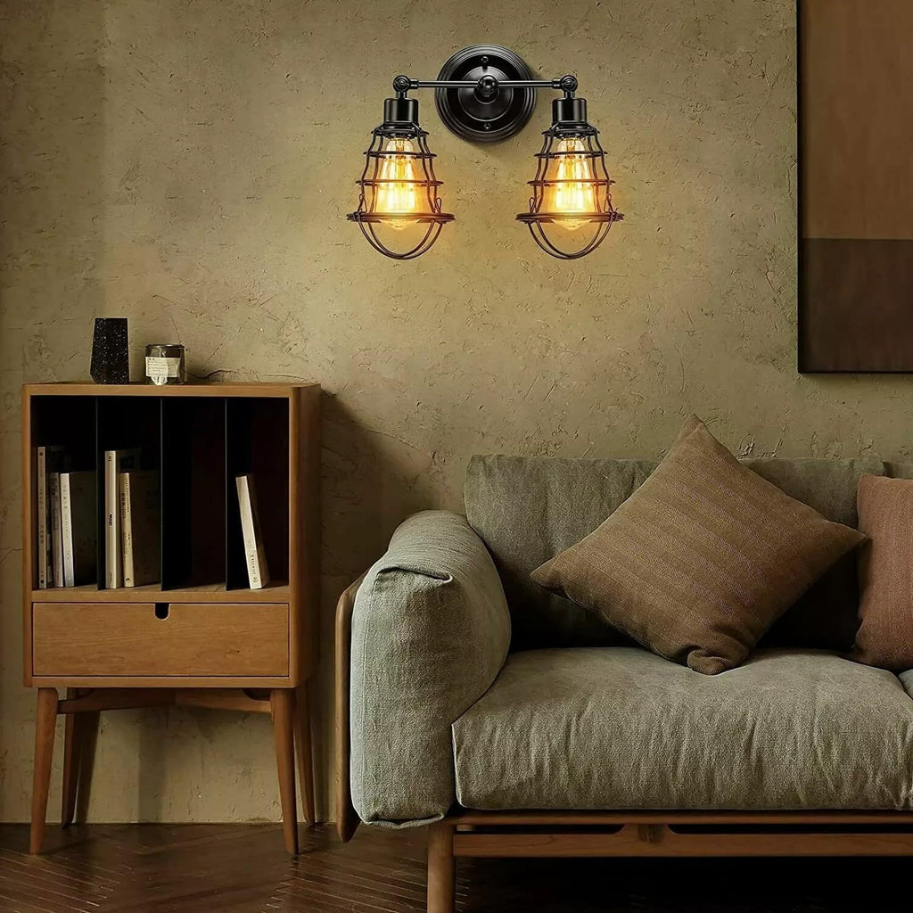 Vintage Industrial Double Wall Sconce Black Metal Cage Light Fixture E27