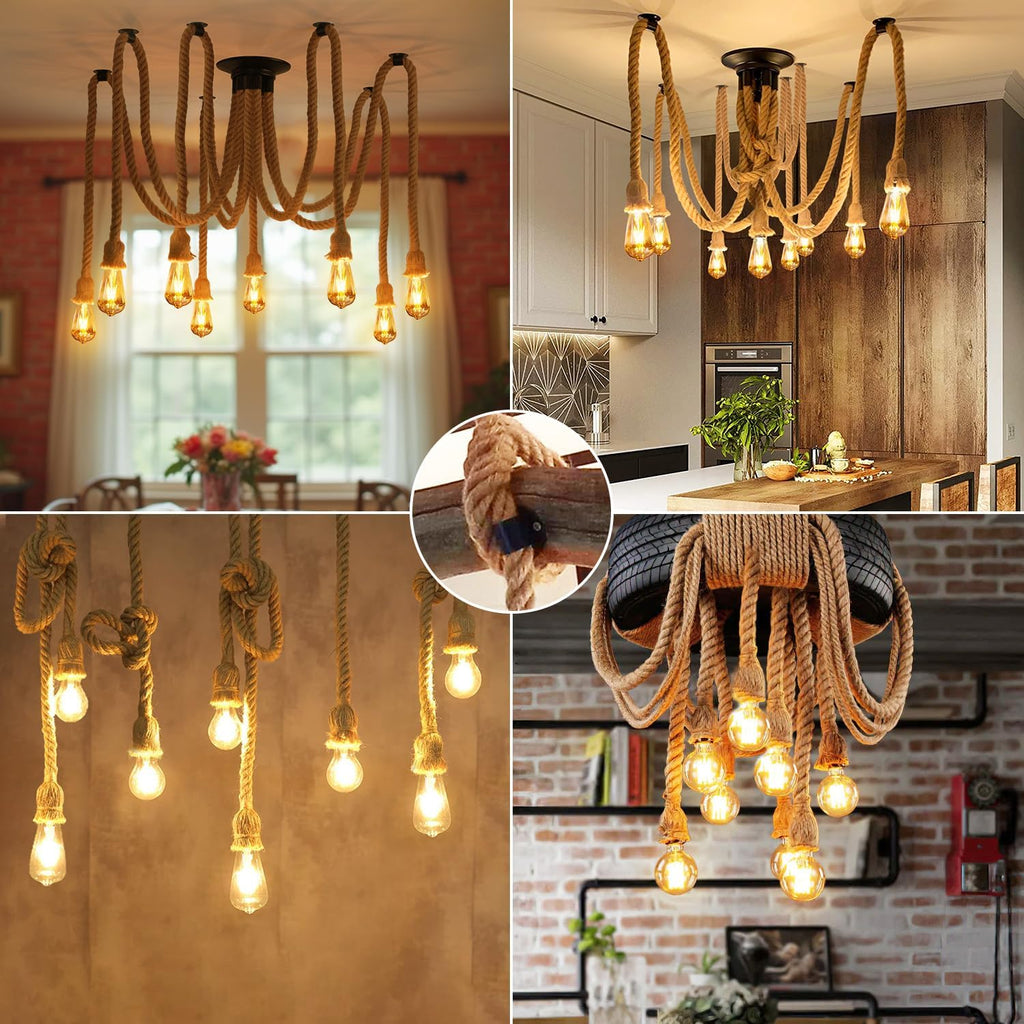 Industrial LED Spider Pendant Light, Adjustable Hemp Rope Cage Design