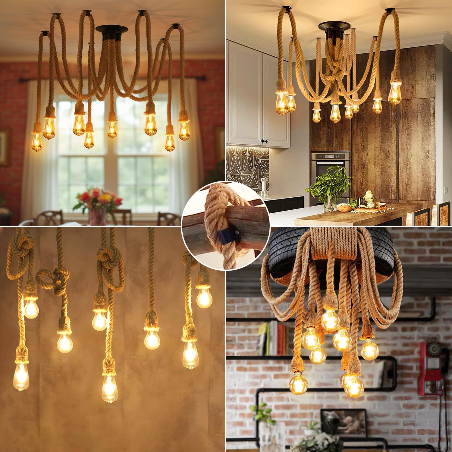 Industrial LED Spider Pendant Light, Adjustable Hemp Rope Cage Design