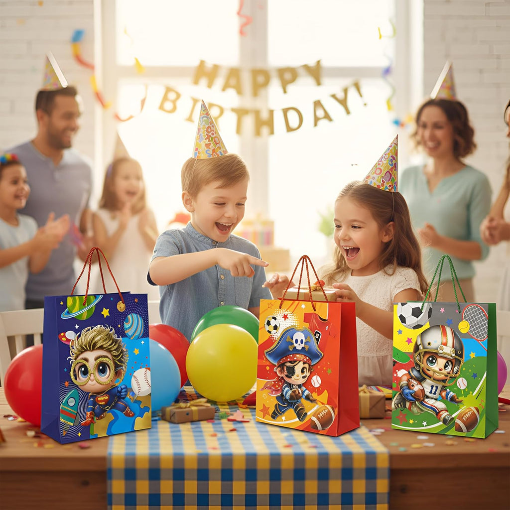 Luxury Matte Gift Bags Assorted Sizes 12 Pack for Boys Birthday Presents