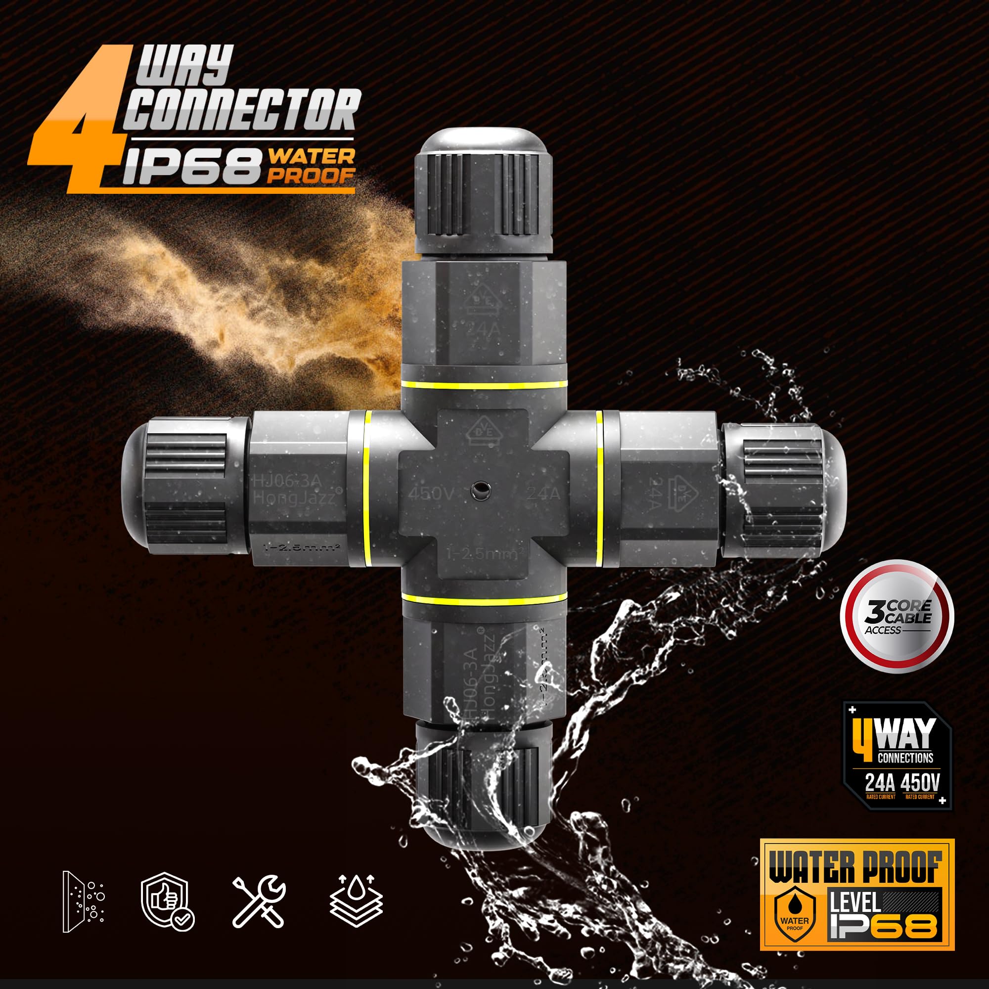 Outdoor Waterproof 3-Pin Electrical Cable Connector IP68 Junction Box