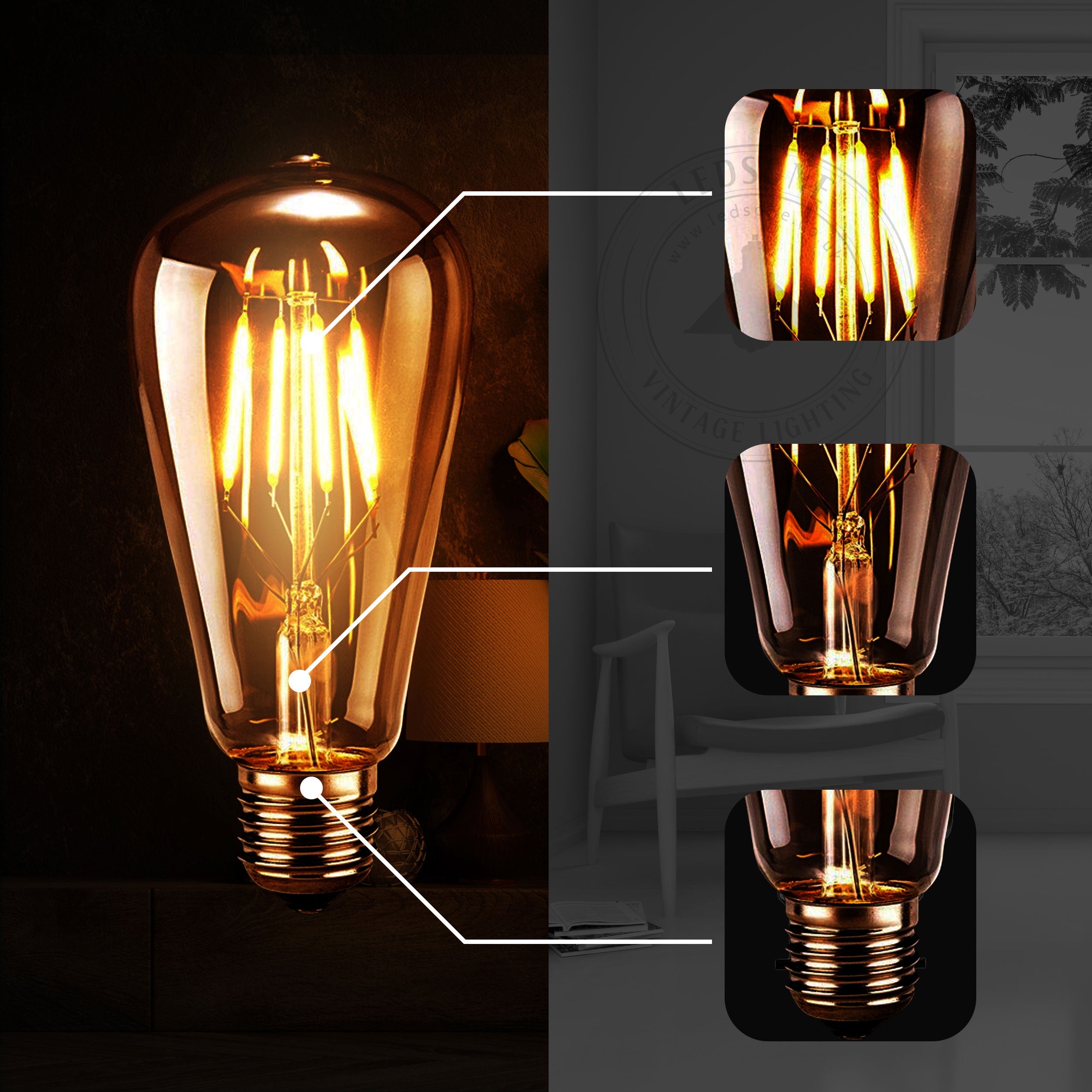 Vintage ST64 E27 4W Dimmable LED Filament Edison Bulb, Warm White