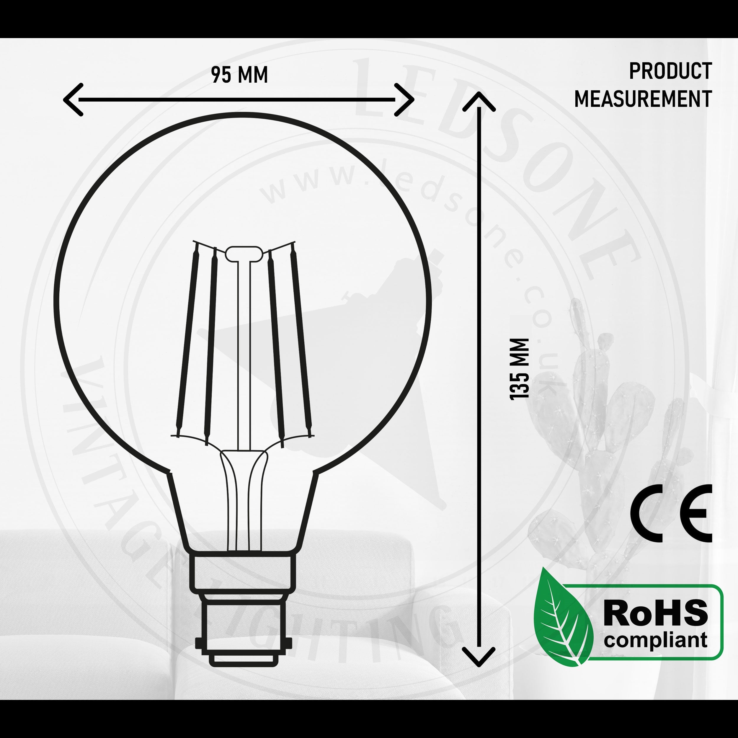 G95 LED Filament Vintage Bulb, 4W B22 Edison Globe, Warm White Dimmable