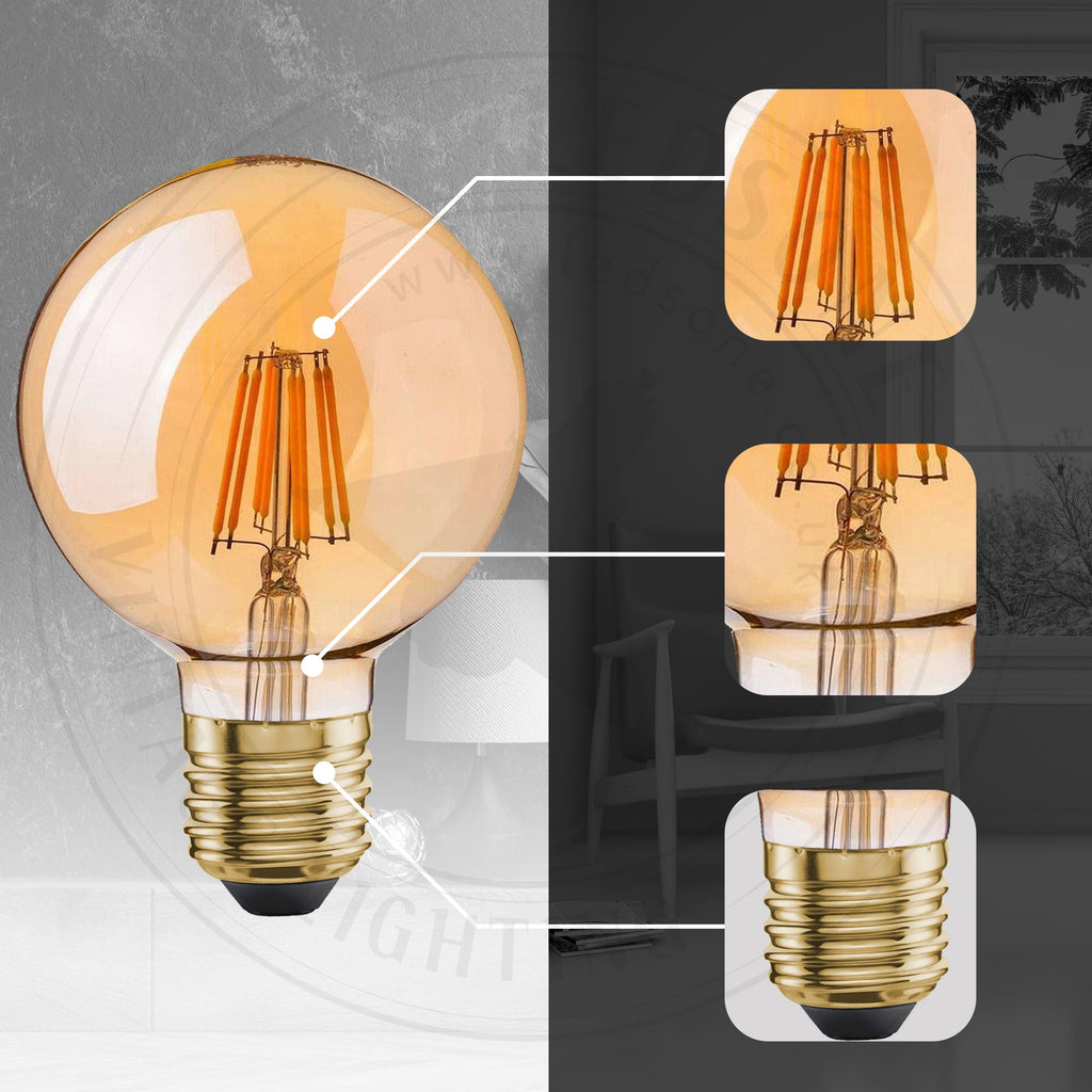 Vintage G125 8W LED Filament Globe Bulb, Amber Glass, E27 Screw Base