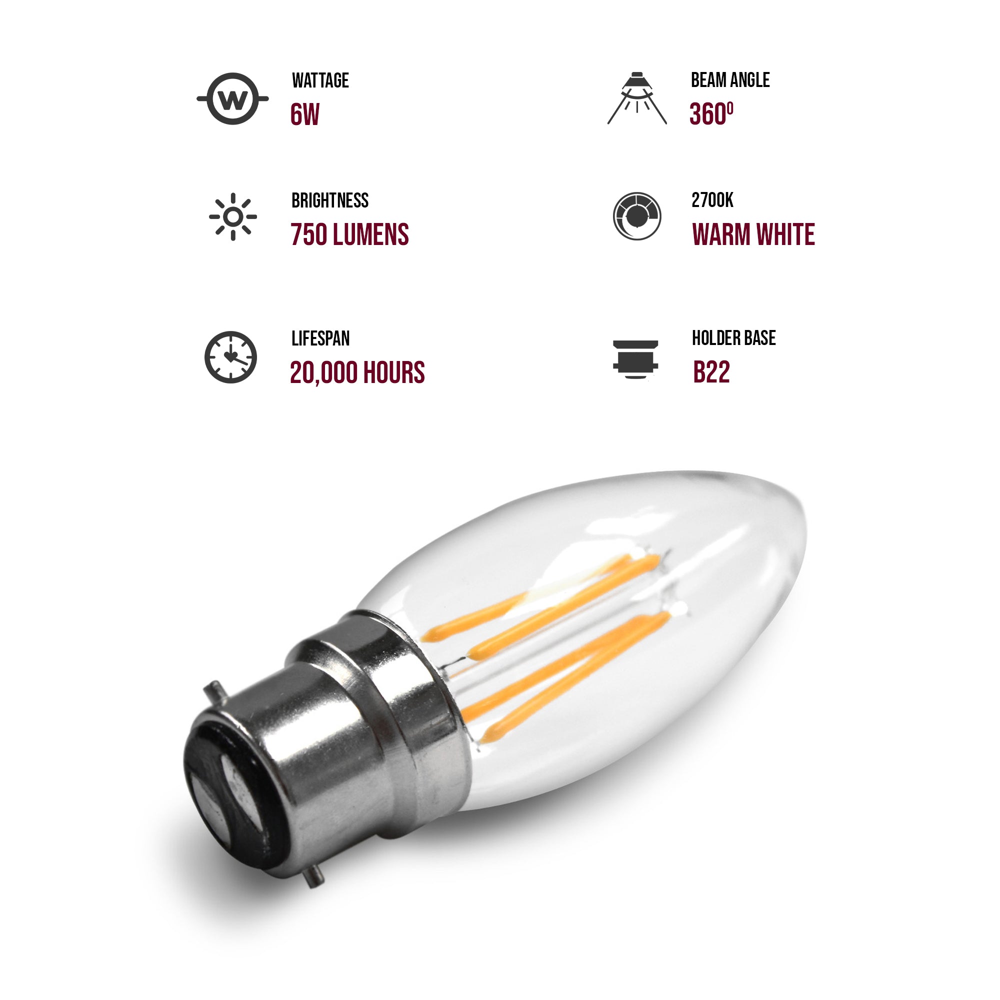 Efficient B22 LED Candle Filament Bulb 6W, 6500K Cool White, Energy Saver