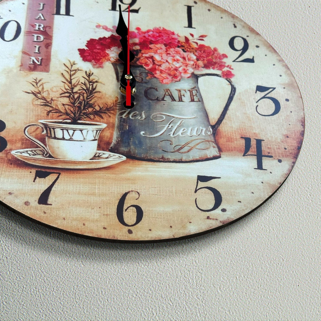 Charming Round Cafe Cup Flowers Ticking Shabby Chic Wall Clock for Home Decor