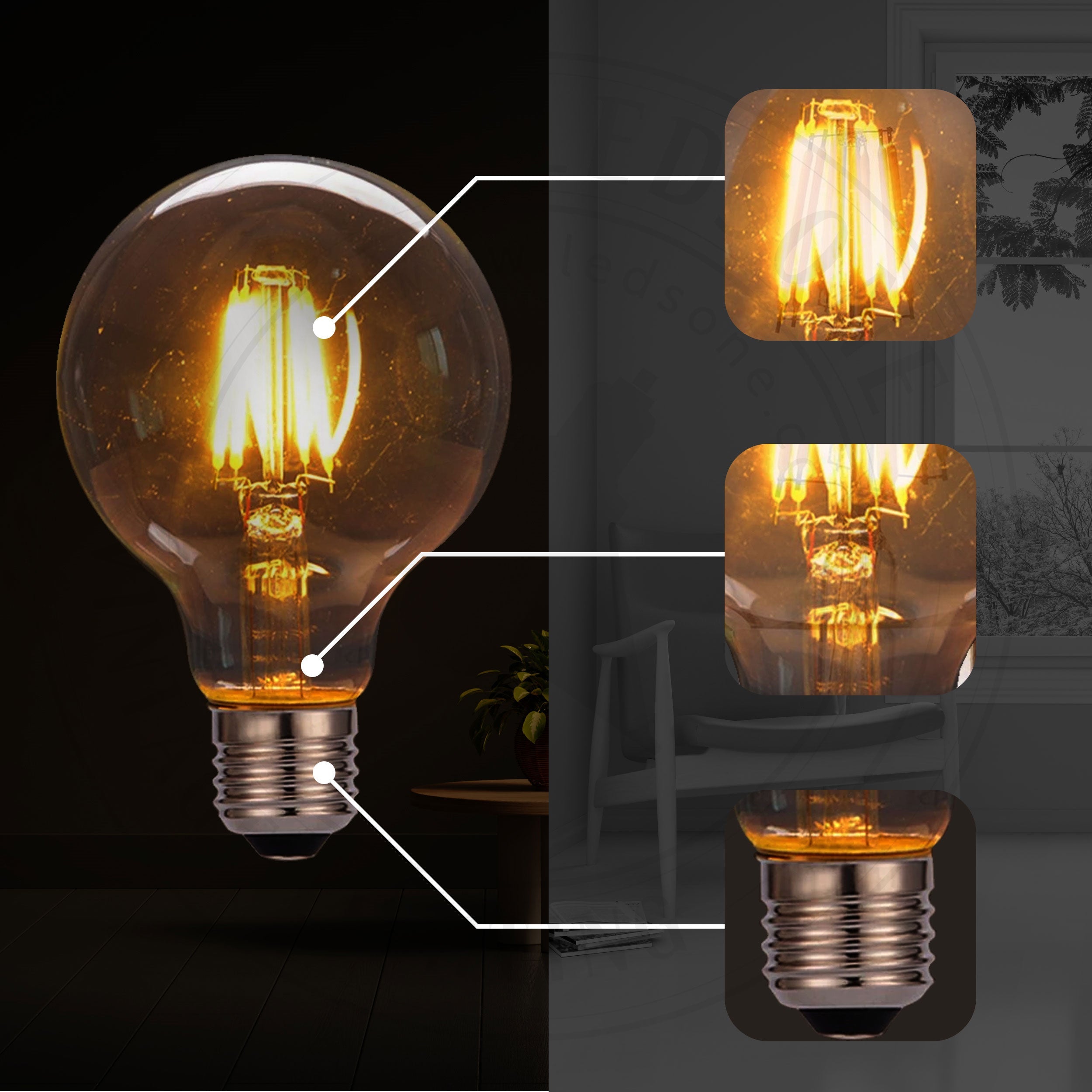 Vintage Dimmable LED Filament E27 G95 4W Globe Bulb, Warm White Ambiance