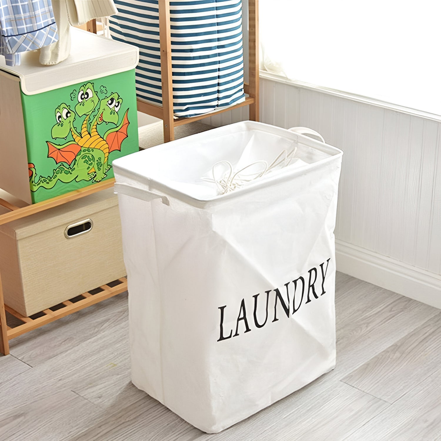 Freestanding Foldable Cotton Linen Laundry Hamper Bag with Drawstring Handles