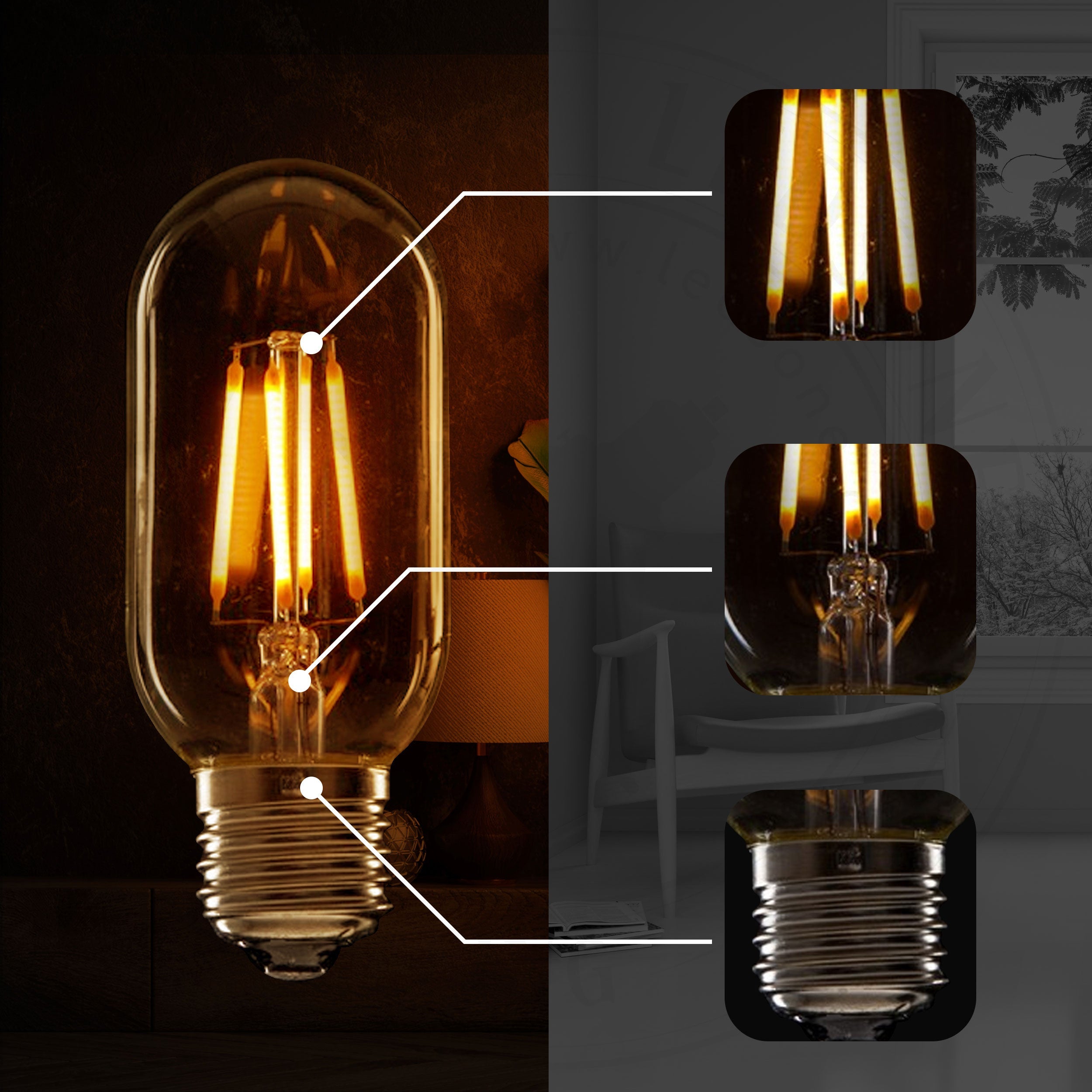 4W T45 E27 Dimmable LED Vintage Filament Bulb, Warm White Edison Style