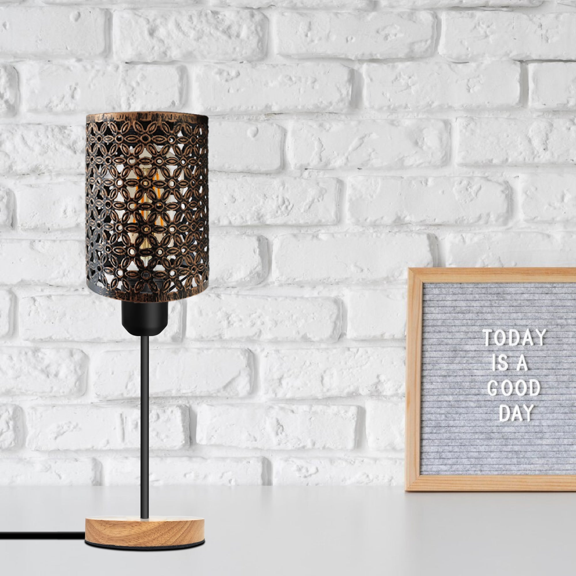 Industrial Metal Cage Table Lamp with Wooden Base, E27 Bedside Light