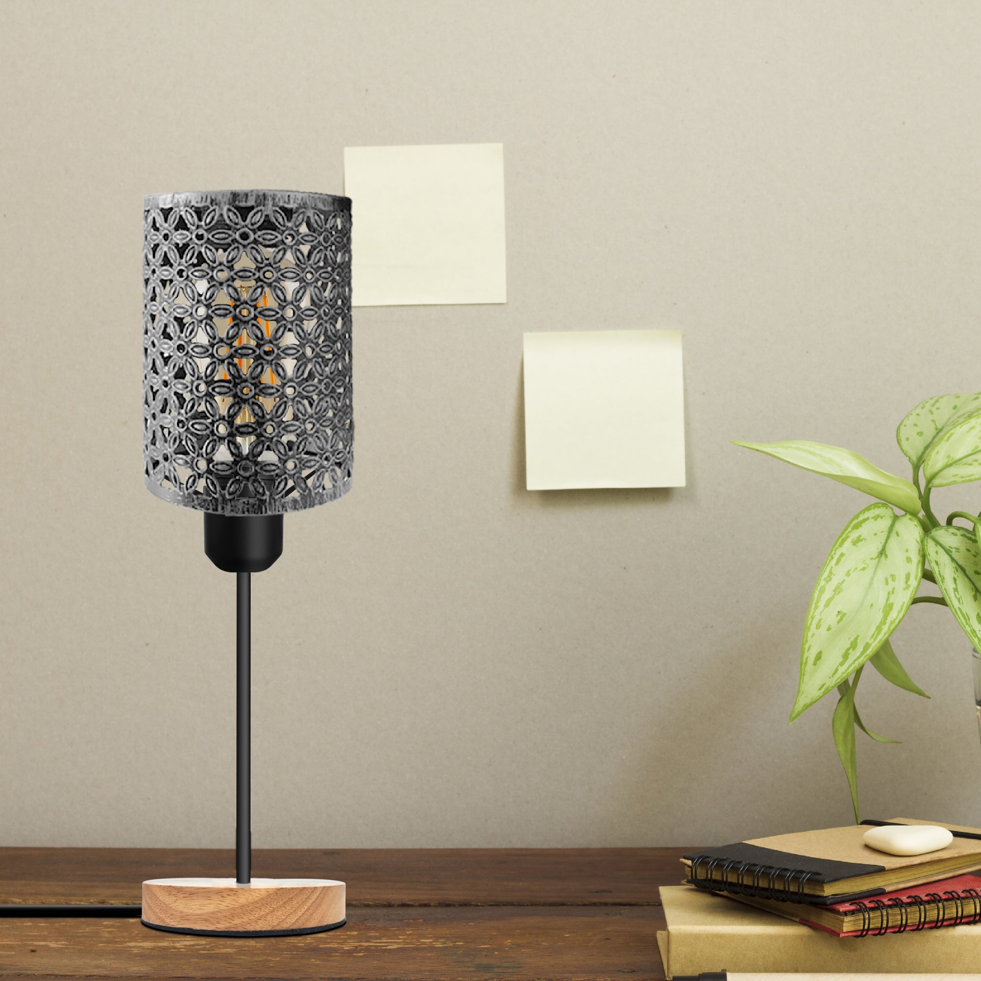 Modern Industrial Barrel Cage Table Lamp Wooden Base In-line Switch