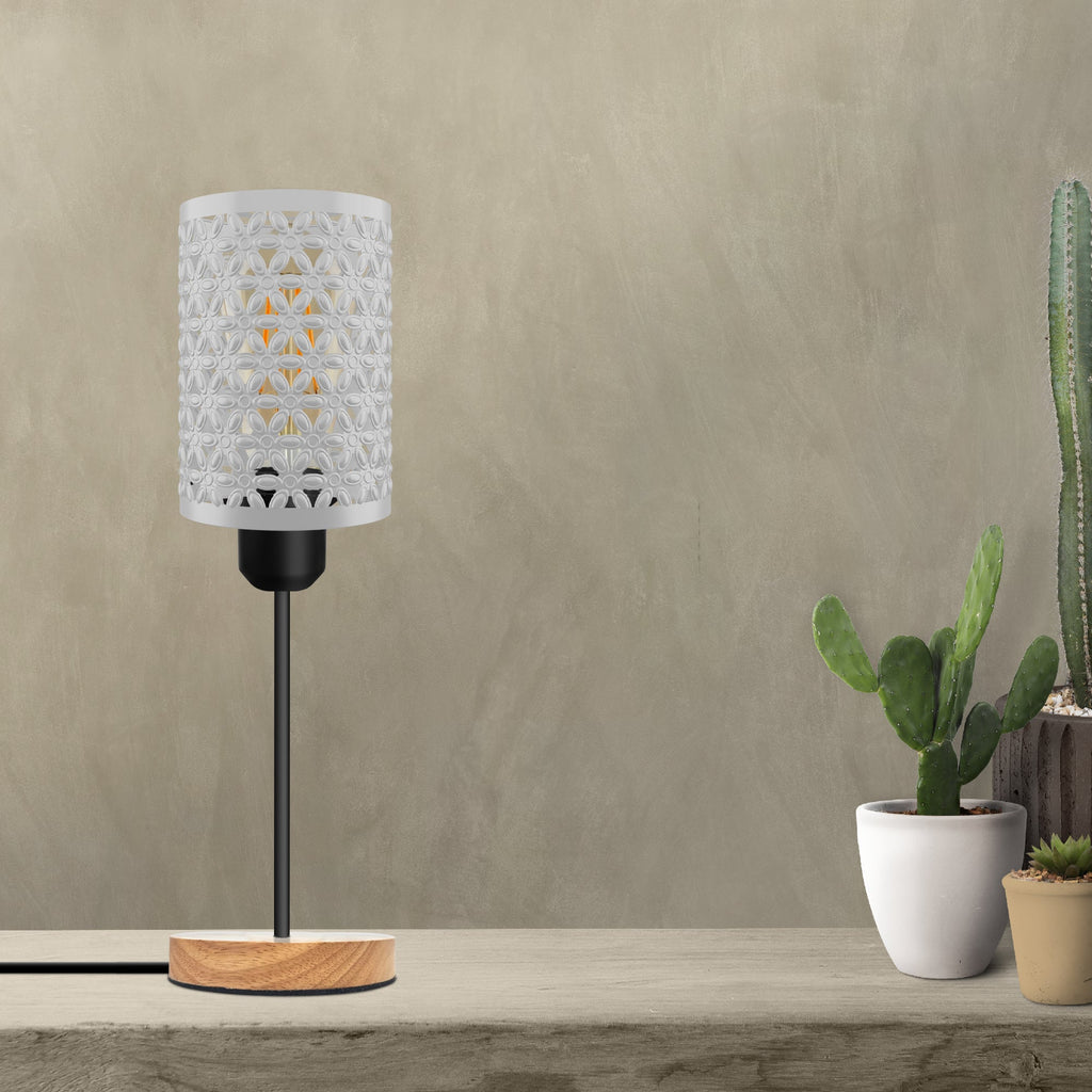 Industrial Metal Cage Table Lamp with Wooden Base, E27 Bedside Light