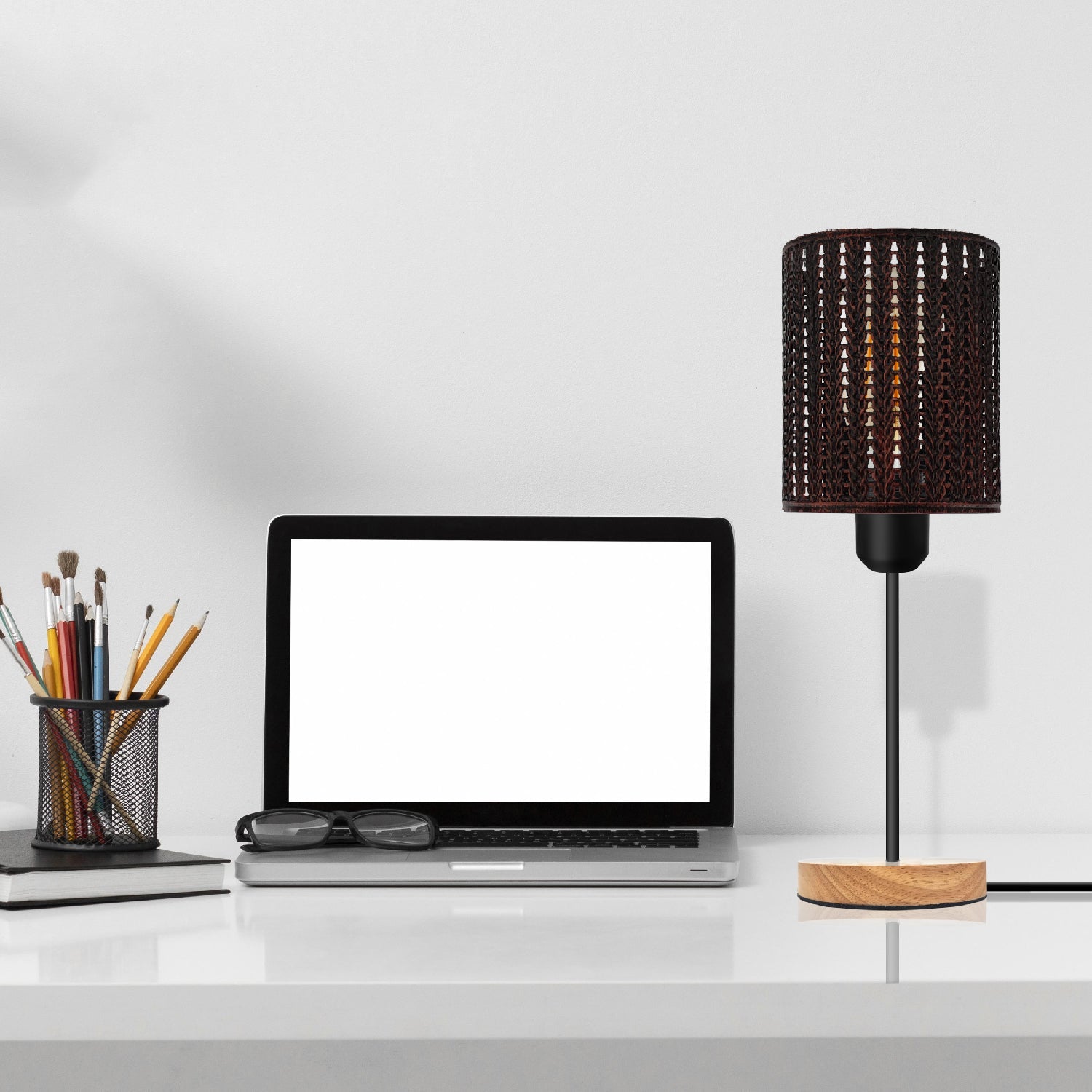 Industrial Metal Wire Cage Wooden Stand Plug-in Table Lamp with On/Off Switch