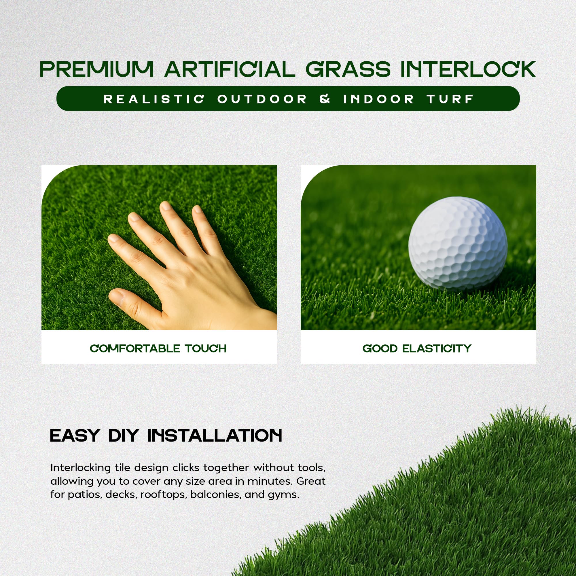 Premium Artificial Grass Interlocking Tiles 12x12 Inch UV-Resistant Outdoor Turf