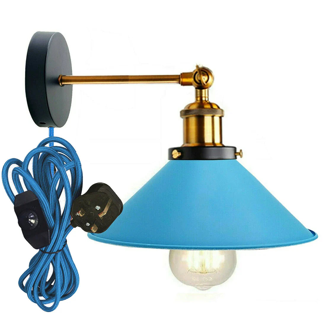 Adjustable Industrial Cone Shade Plug-in Wall Sconce with Dimmer Switch, E27 Bulb