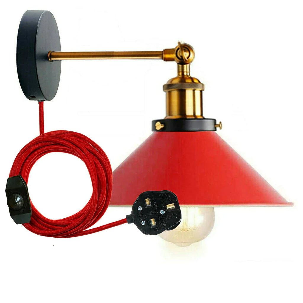 Adjustable Industrial Cone Shade Plug-in Wall Sconce with Dimmer Switch, E27 Bulb