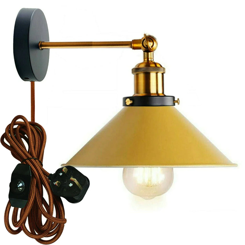 Adjustable Industrial Cone Shade Plug-in Wall Sconce with Dimmer Switch, E27 Bulb