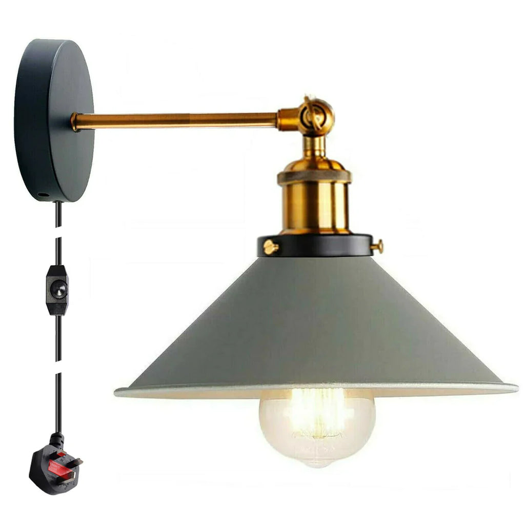 Adjustable Industrial Cone Shade Plug-in Wall Sconce with Dimmer Switch, E27 Bulb