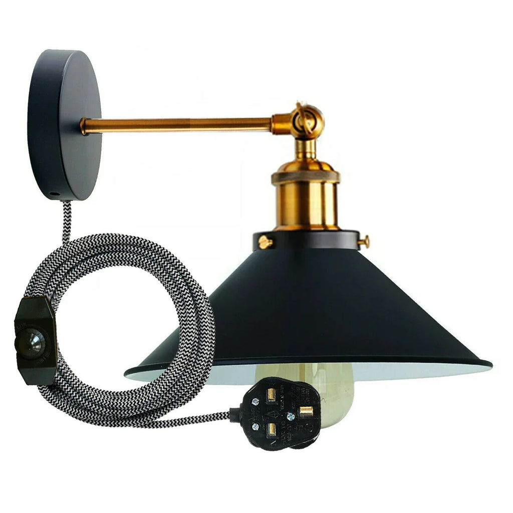 Adjustable Industrial Cone Shade Plug-in Wall Sconce with Dimmer Switch, E27 Bulb