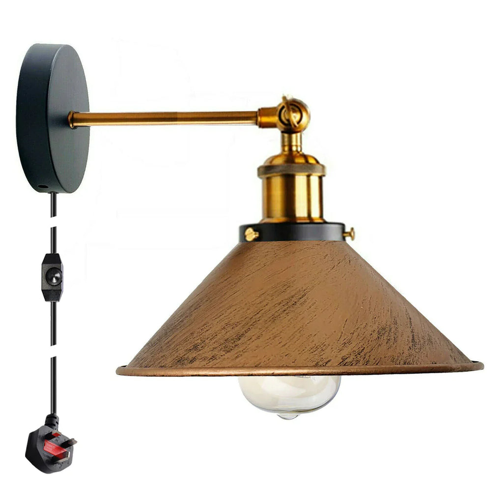 Adjustable Industrial Cone Shade Plug-in Wall Sconce with Dimmer Switch, E27 Bulb