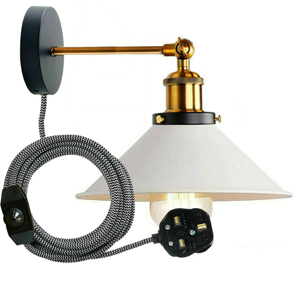 Adjustable Industrial Cone Shade Plug-in Wall Sconce with Dimmer Switch, E27 Bulb