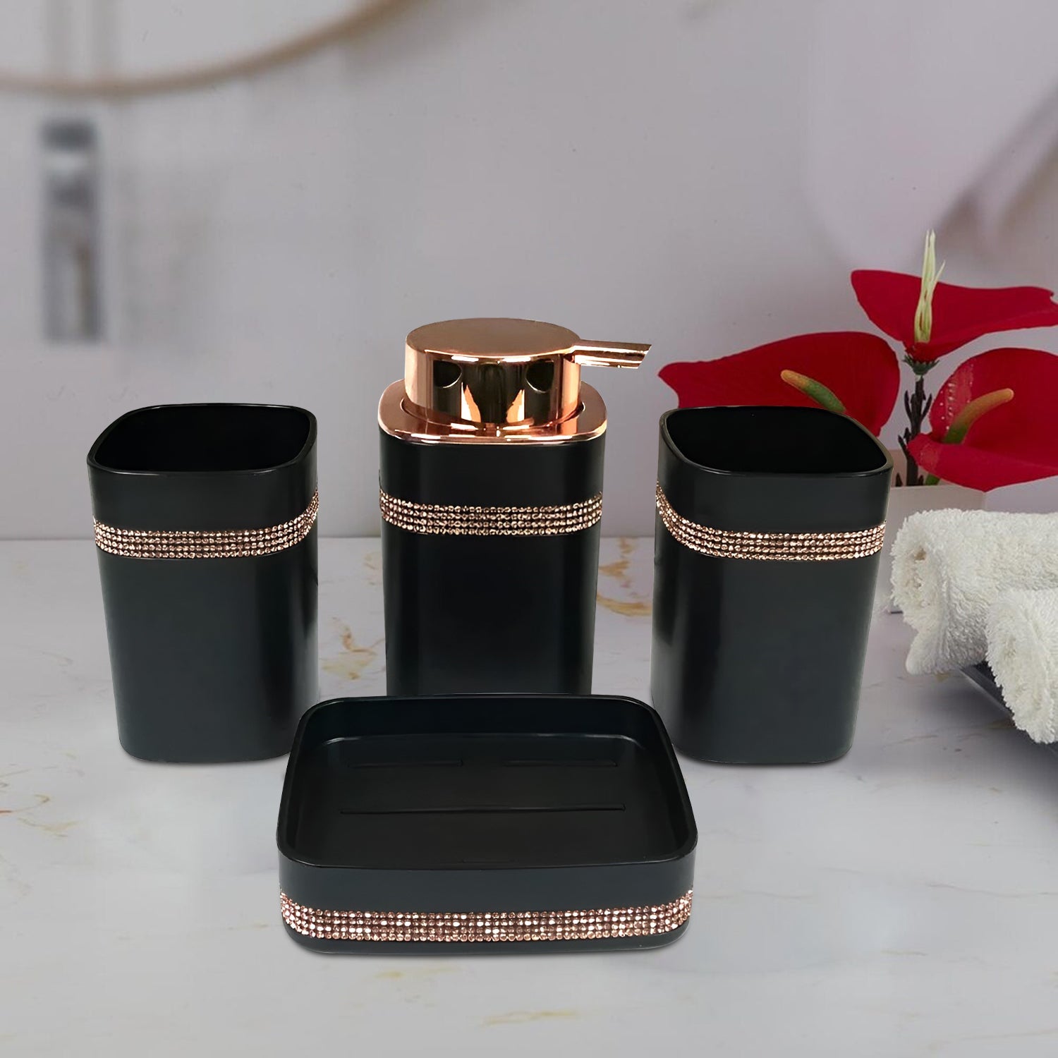 4-Piece Modern Polypropylene Bathroom Accessory Set: Lotion, Tumbler, Toothbrush Holder, Soap Dish