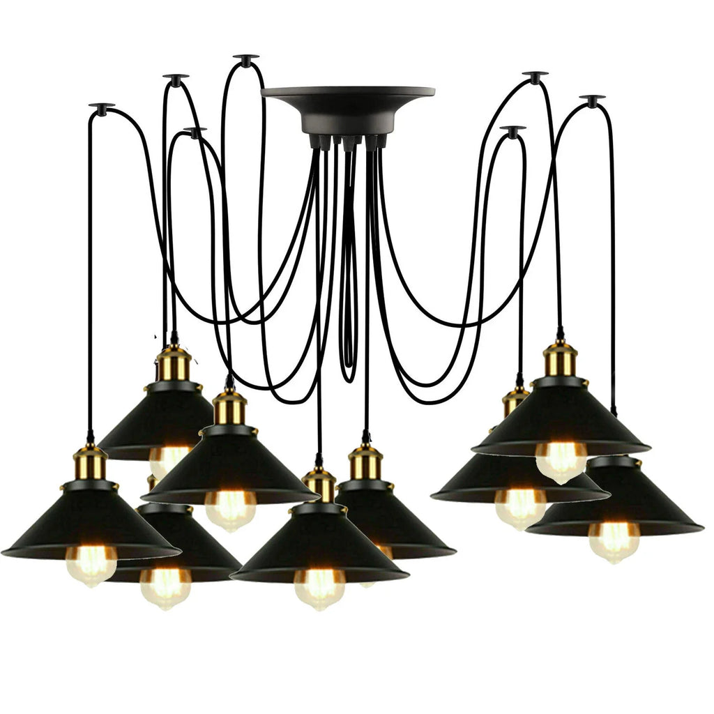 Multi-Drop Fleming Spider Ceiling Pendant Light, Adjustable Height, Black & Gold Vintage Style