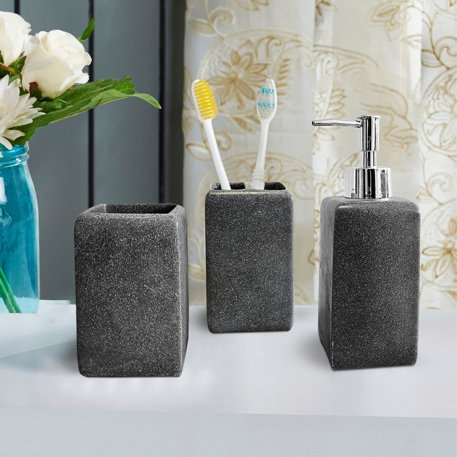 Modern Resin Bathroom Accessory Set: Lotion Dispenser, Toothbrush Holder, Tumbler