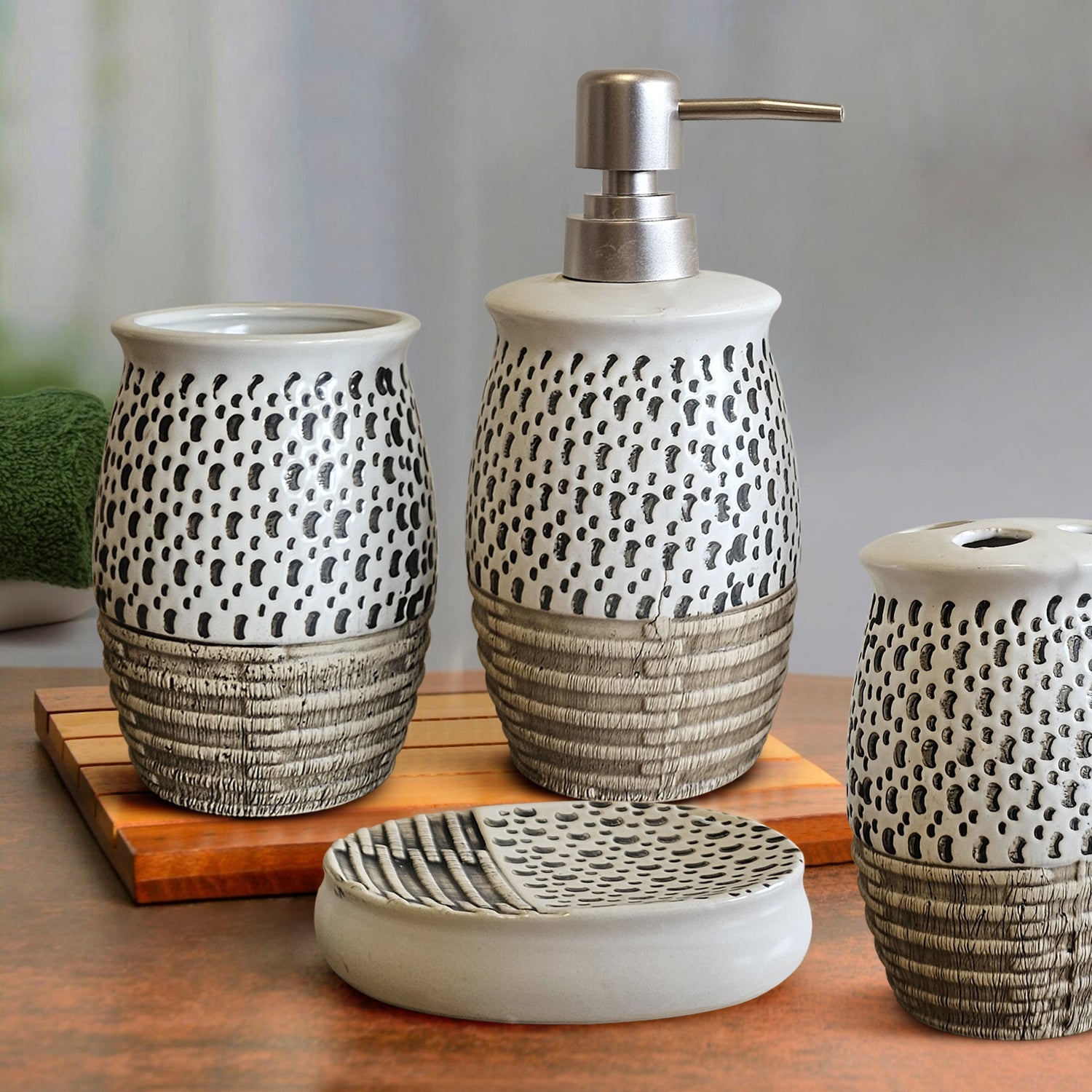 Elegant 4-Piece Ceramic Bathroom Accessory Set with Soap Dispenser and Holder