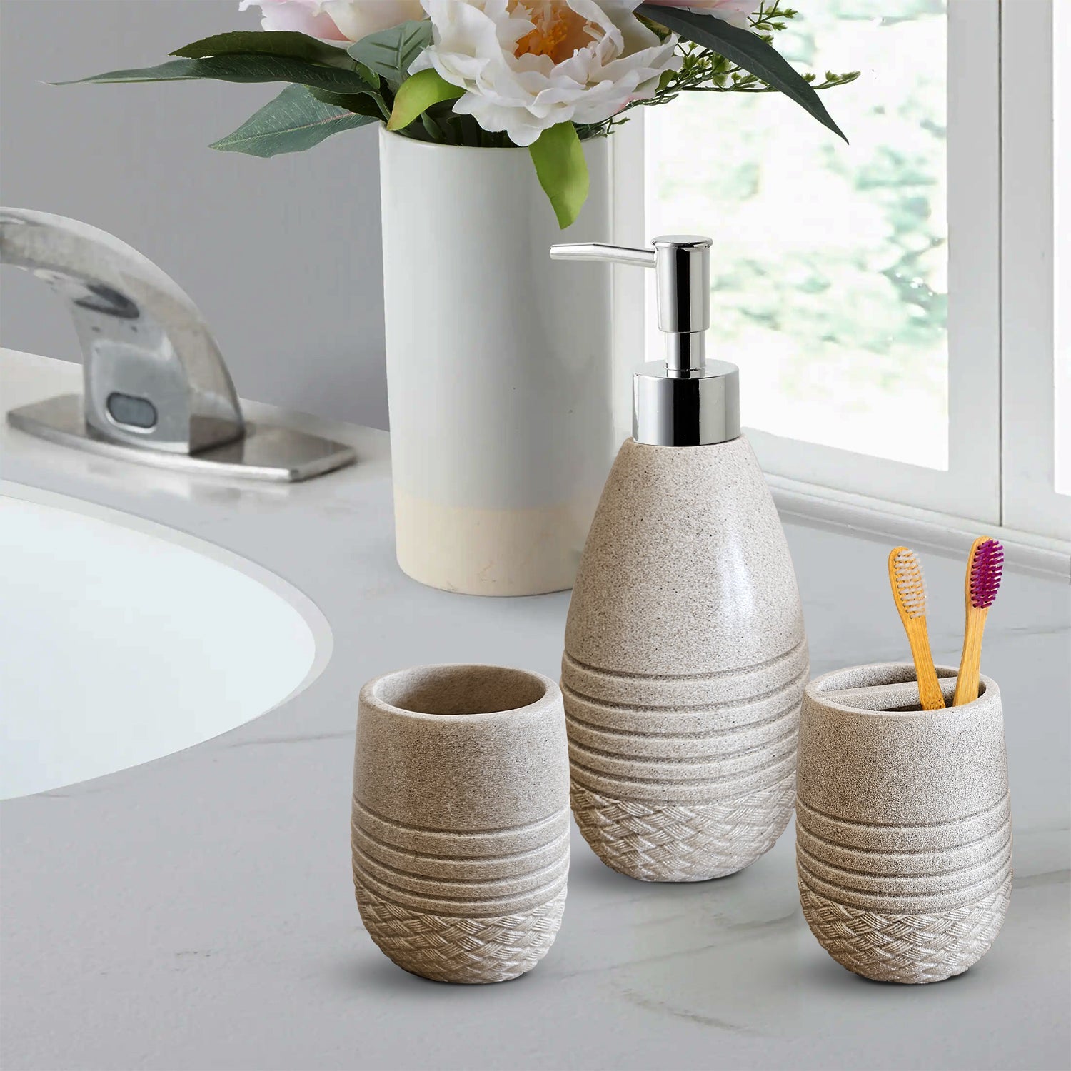 Elegant Stone Effect Resin Bathroom Set: Dispenser, Toothbrush Holder, Tumbler