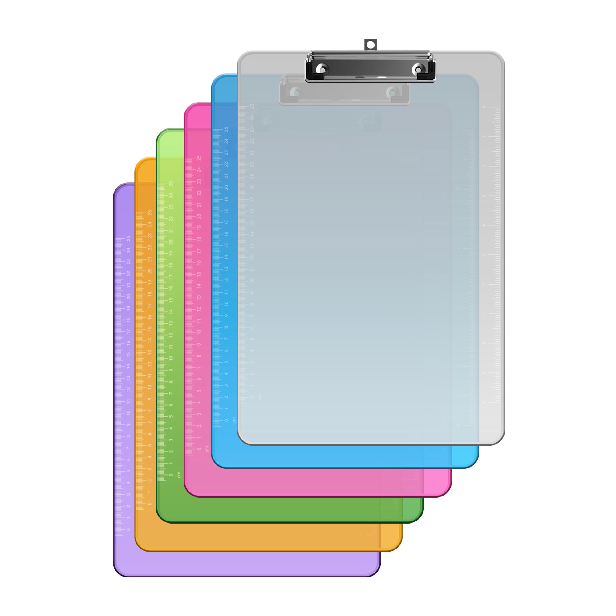 Durable Assorted Clear Plastic A4 Clipboards 3 Pack with Low Profile Metal Clip