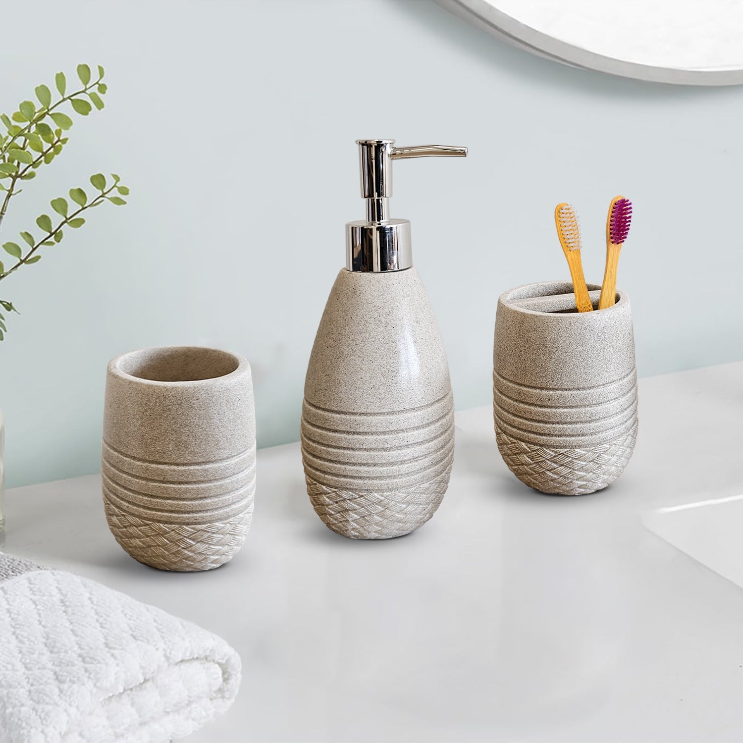Elegant Stone Effect Resin Bathroom Set: Dispenser, Toothbrush Holder, Tumbler