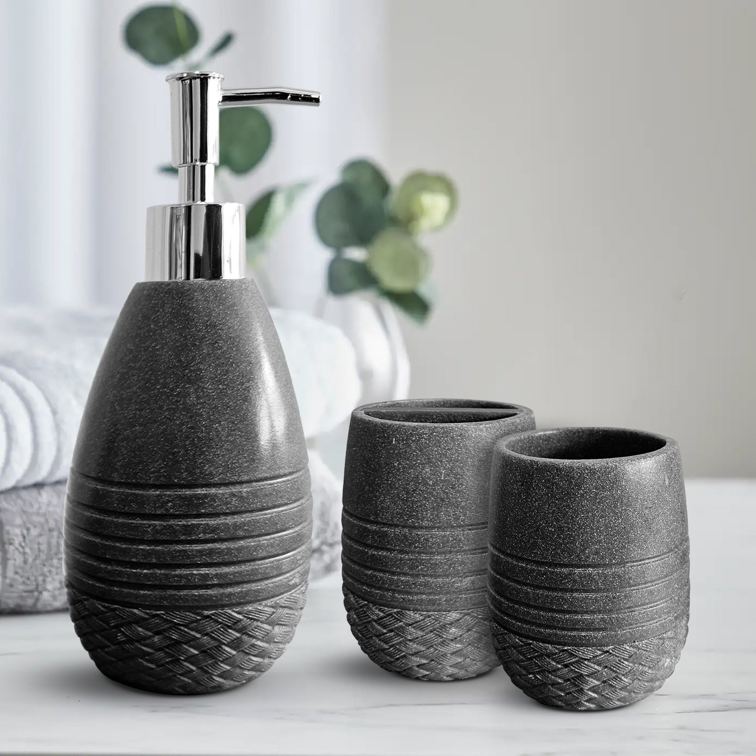 Elegant Stone Effect Resin Bathroom Set: Dispenser, Toothbrush Holder, Tumbler